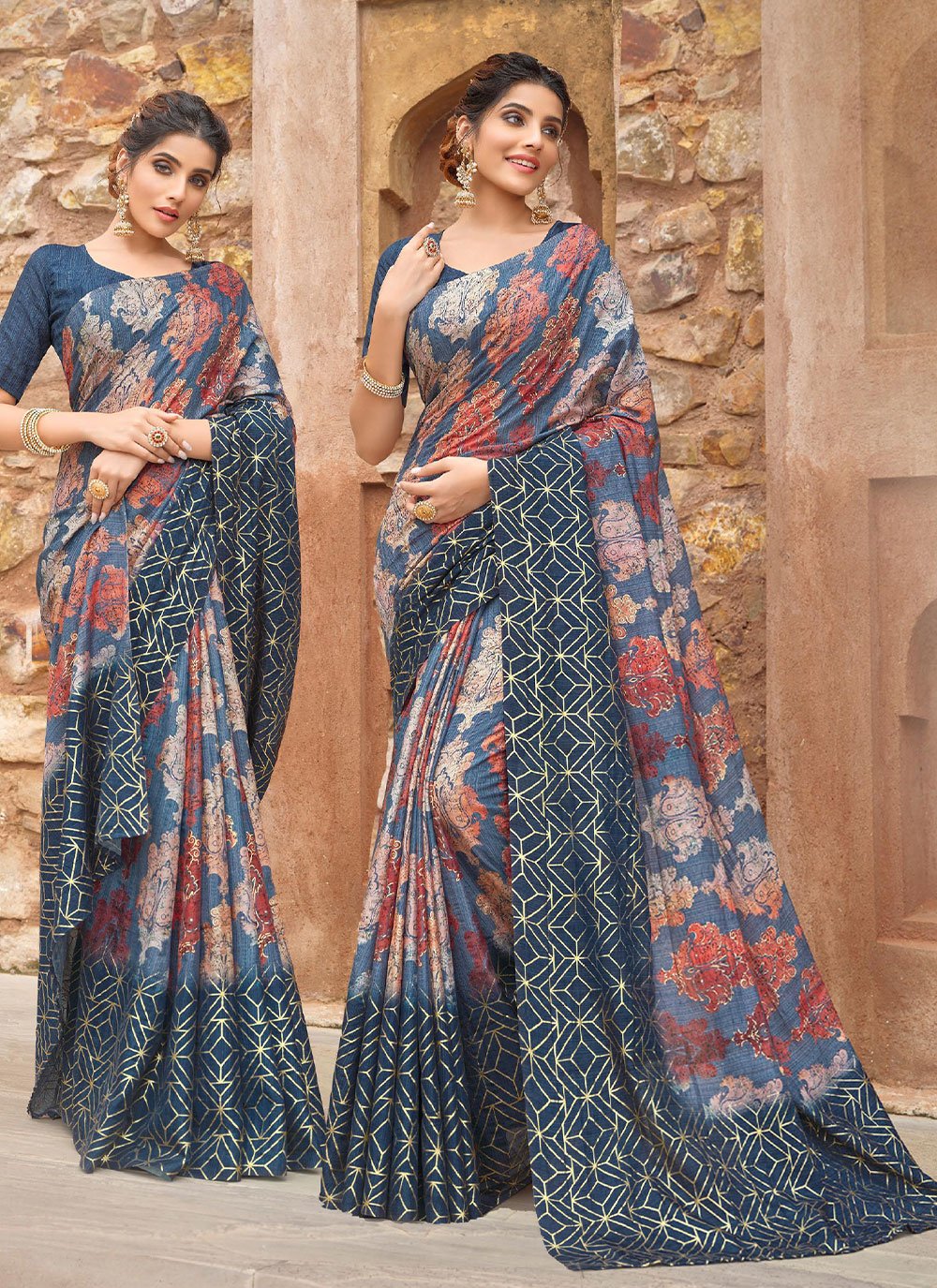 Trendy Saree Silk Blue Print Saree