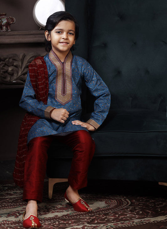 Kurta Pyjama Cotton Blue Print Kids