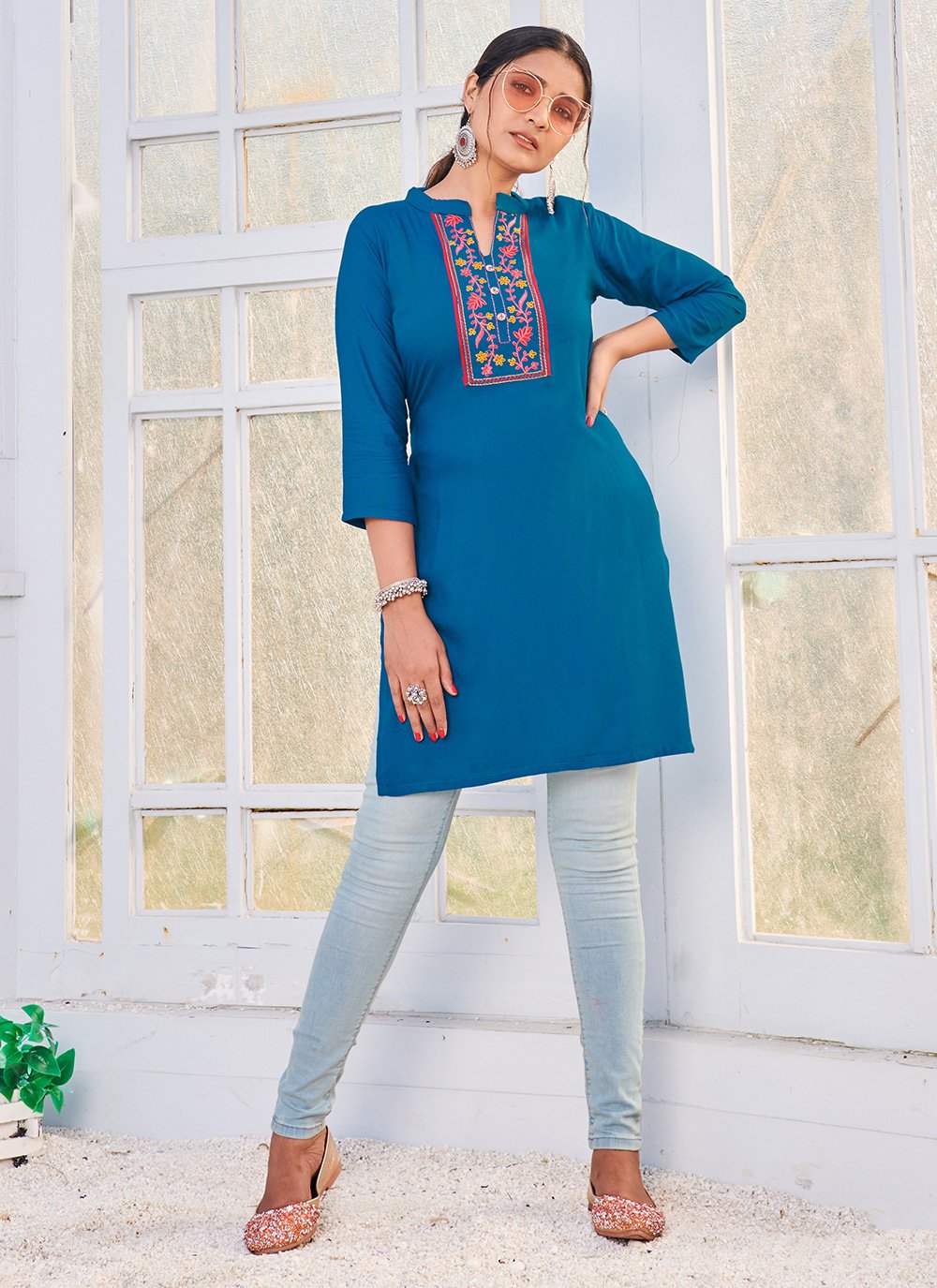 Casual Kurti Designer Rayon Blue Embroidered Kurtis Kajols Indian Pakistani Fashion Tailoring