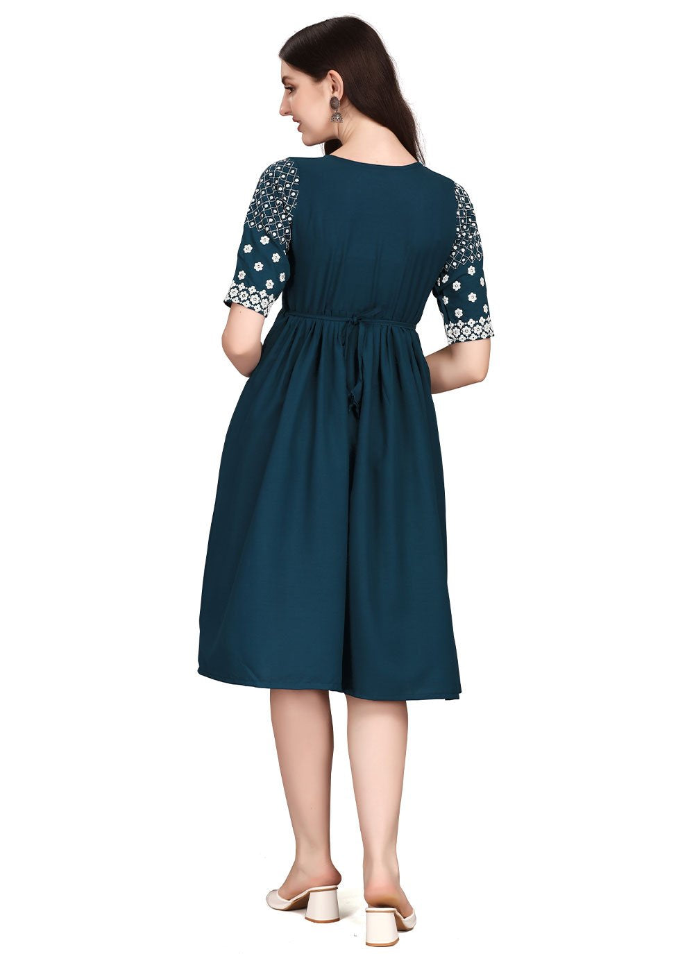 Party Wear Kurti Rayon Blue Embroidered Kurtis