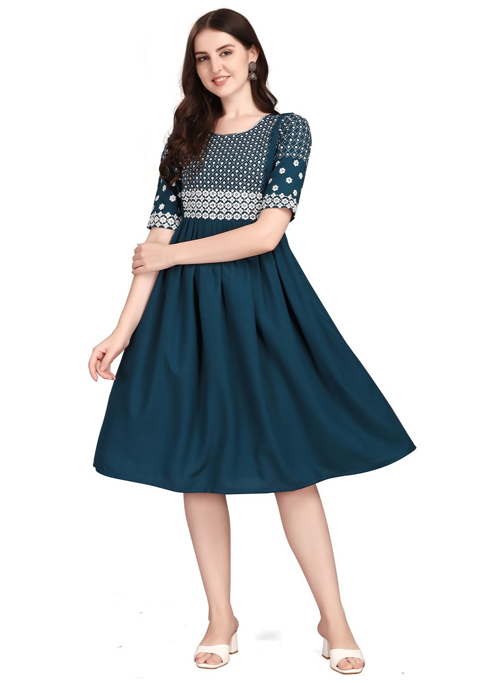 Party Wear Kurti Rayon Blue Embroidered Kurtis