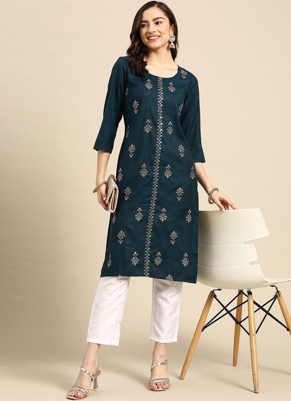 Designer Kurti Rayon Blue Embroidered Kurtis