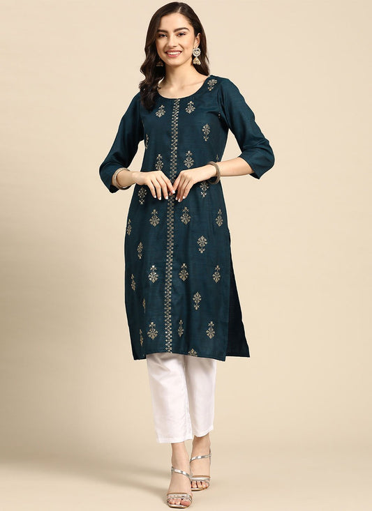 Designer Kurti Rayon Blue Embroidered Kurtis