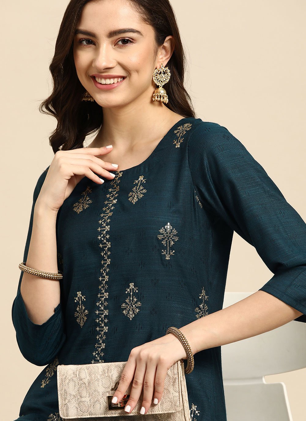 Designer Kurti Rayon Blue Embroidered Kurtis