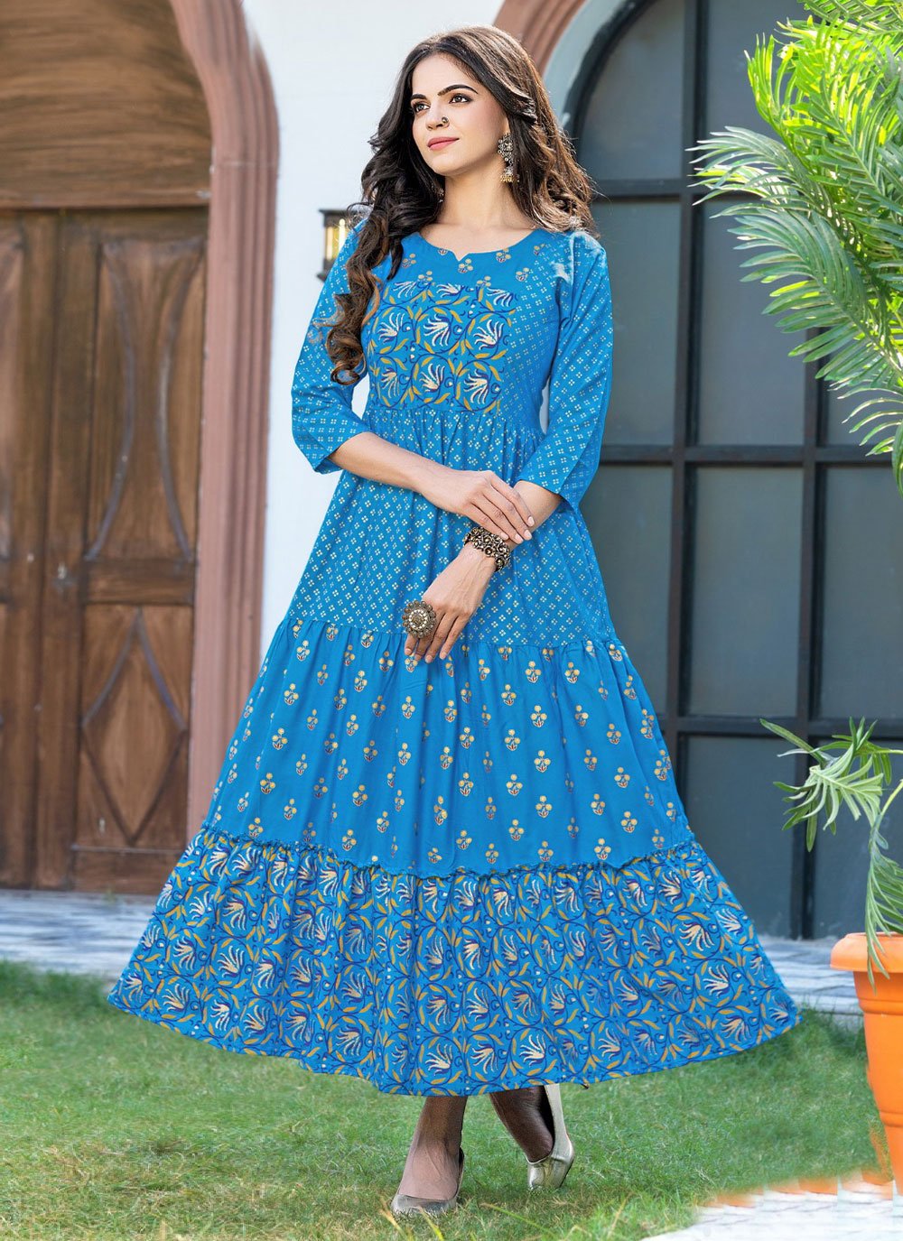 Gown Rayon Blue Print Gown