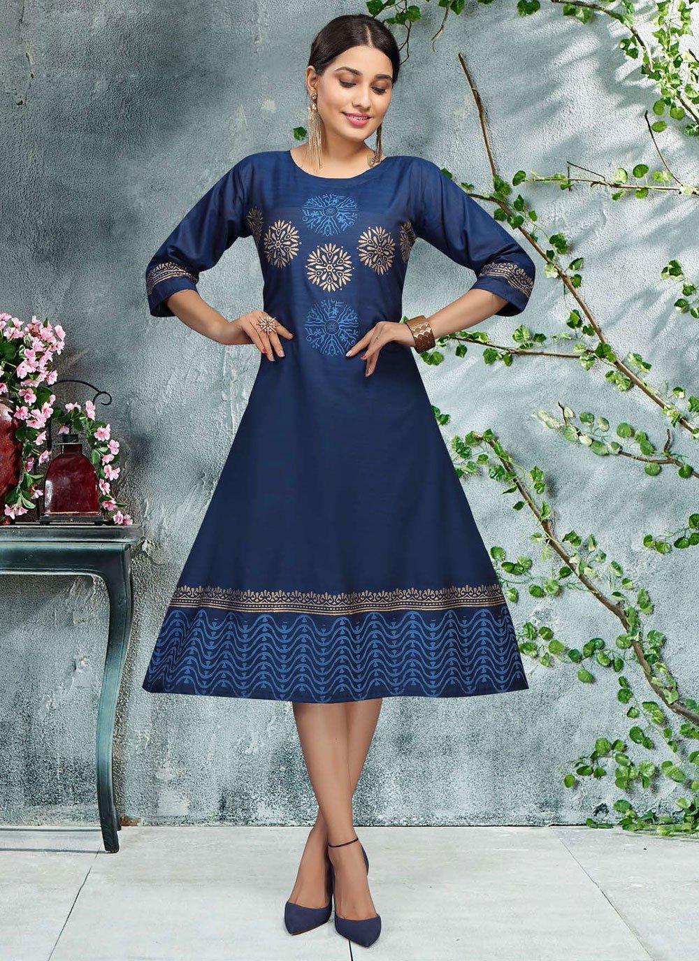 Party Wear Kurti Rayon Blue Print Kurtis