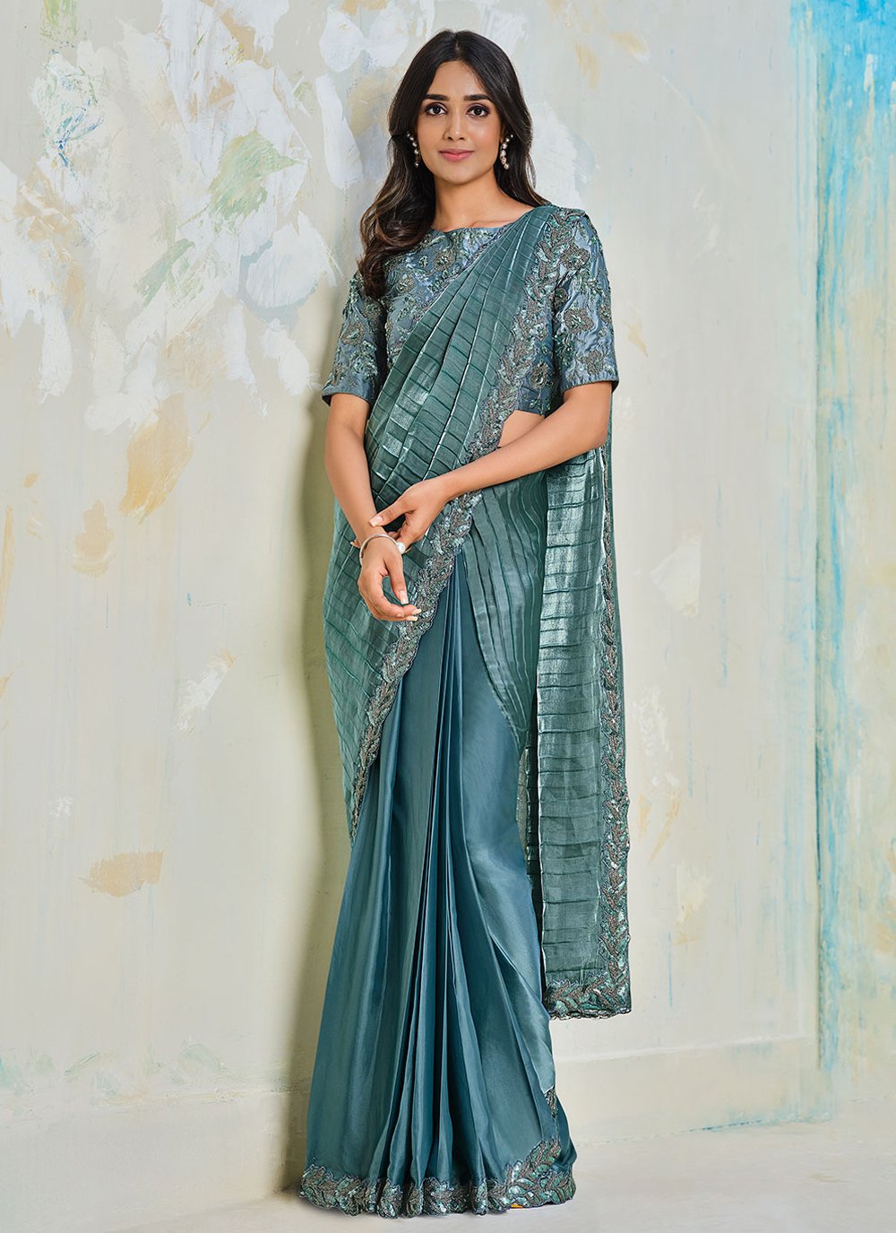 Contemporary Crepe Silk Blue Embroidered Saree