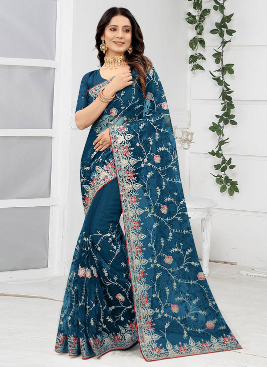 Classic Net Blue Embroidered Saree