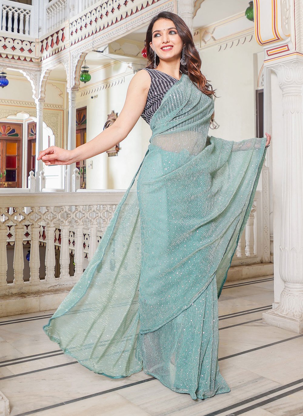 Classic Net Blue Sequins Saree