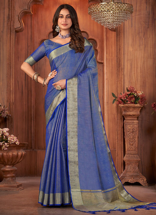 Trendy Saree Khadi Silk Linen Blue Woven Saree