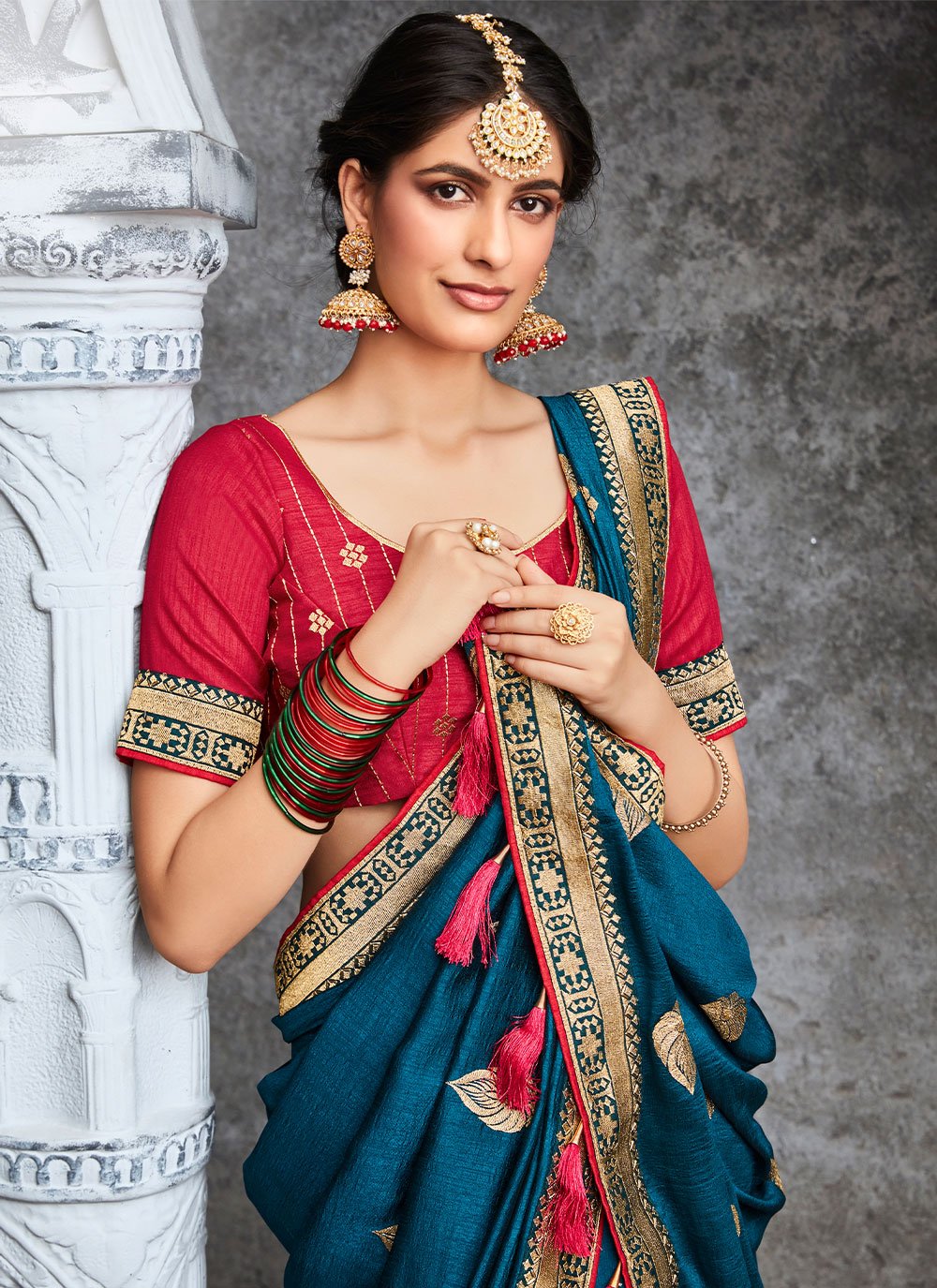 Classic Vichitra Silk Blue Embroidered Saree