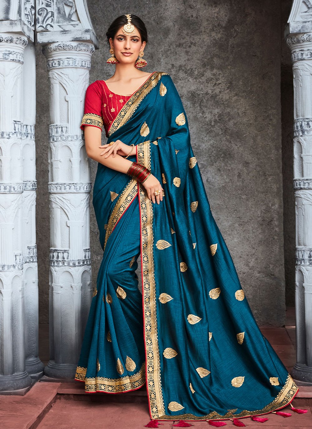 Classic Vichitra Silk Blue Embroidered Saree