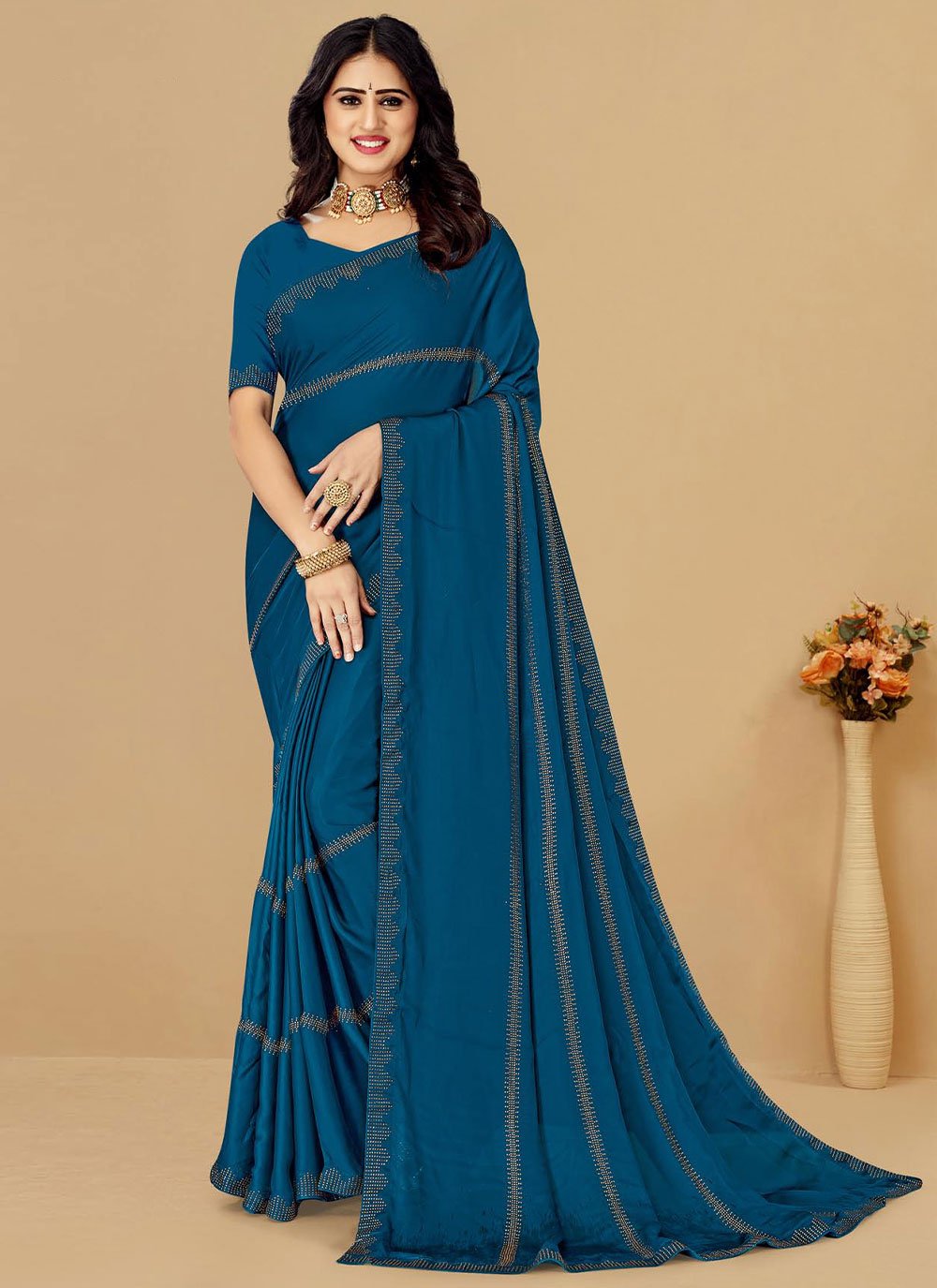 Classic Satin Blue Embroidered Saree