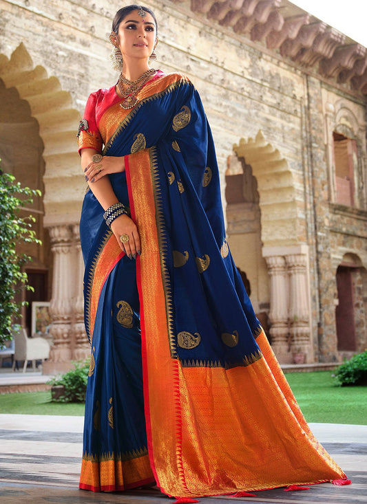 Classic Satin Silk Blue Patch Border Saree