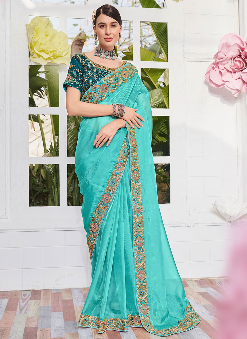 Trendy Saree Organza Satin Blue Embroidered Saree