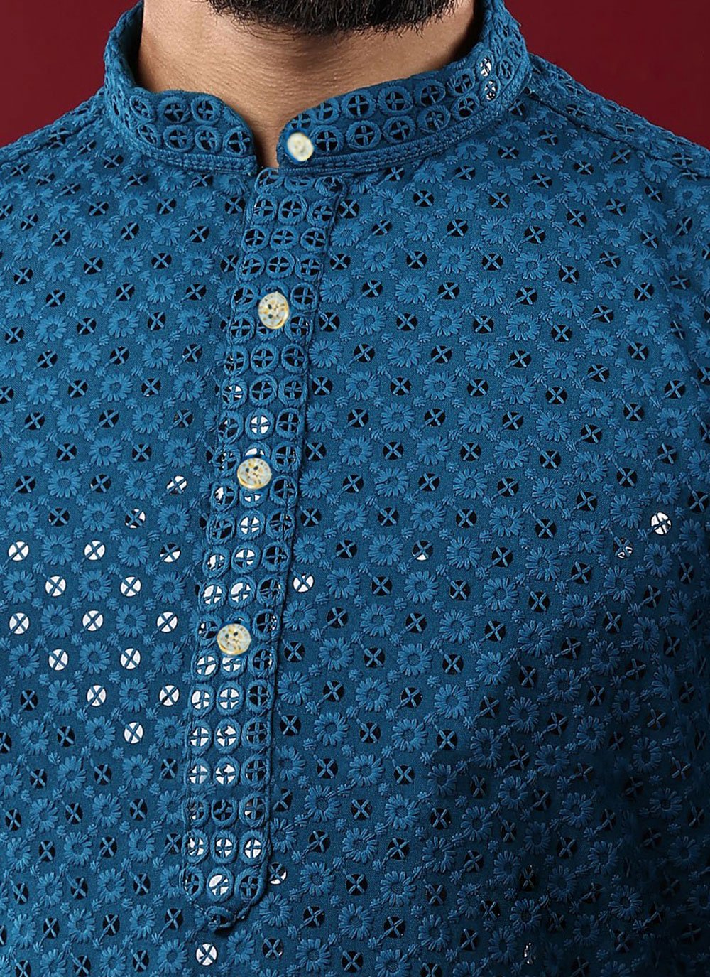 Kurta Pyjama Cotton Blue Chikankari Work Mens