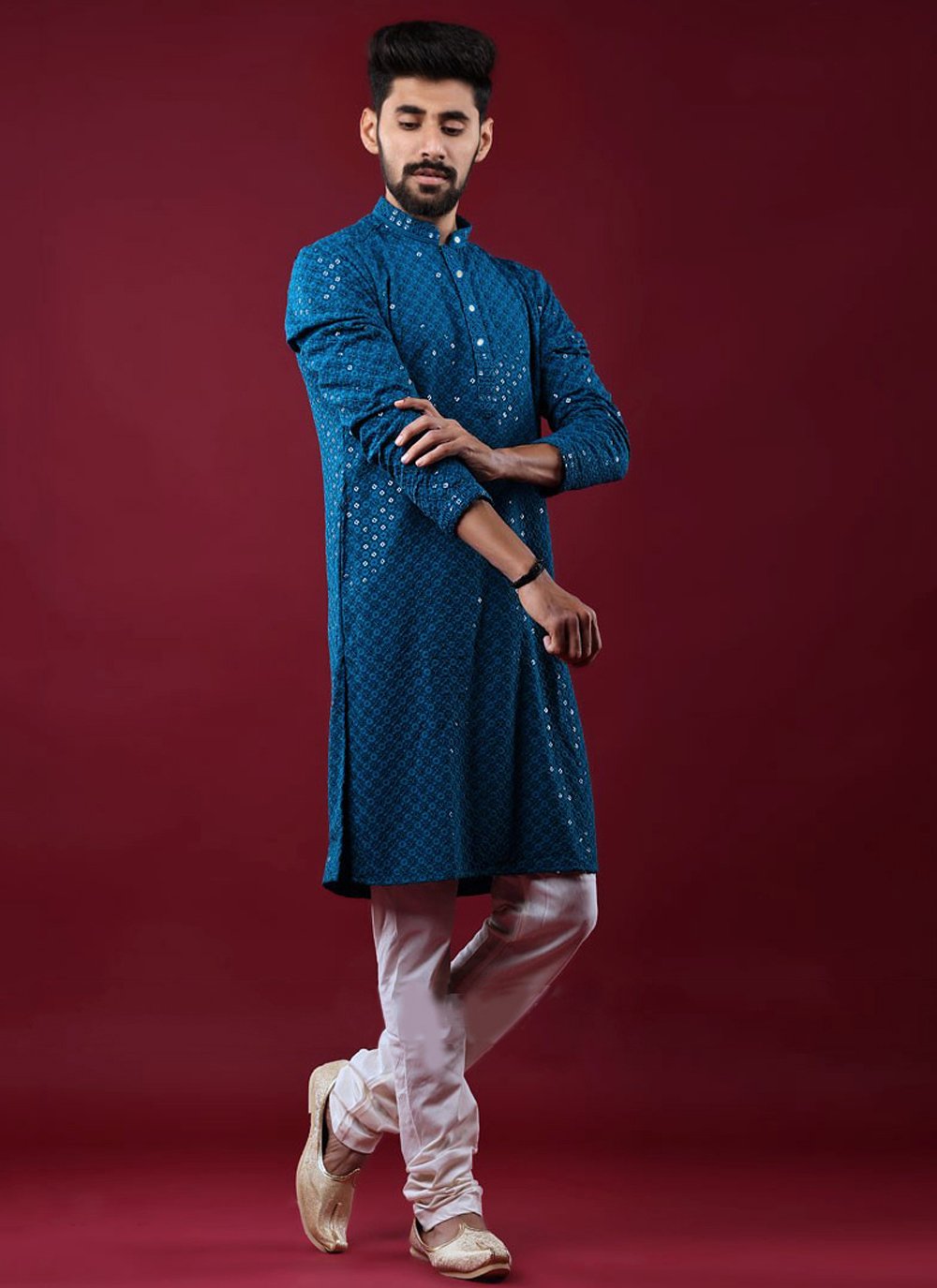 Kurta Pyjama Cotton Blue Chikankari Work Mens