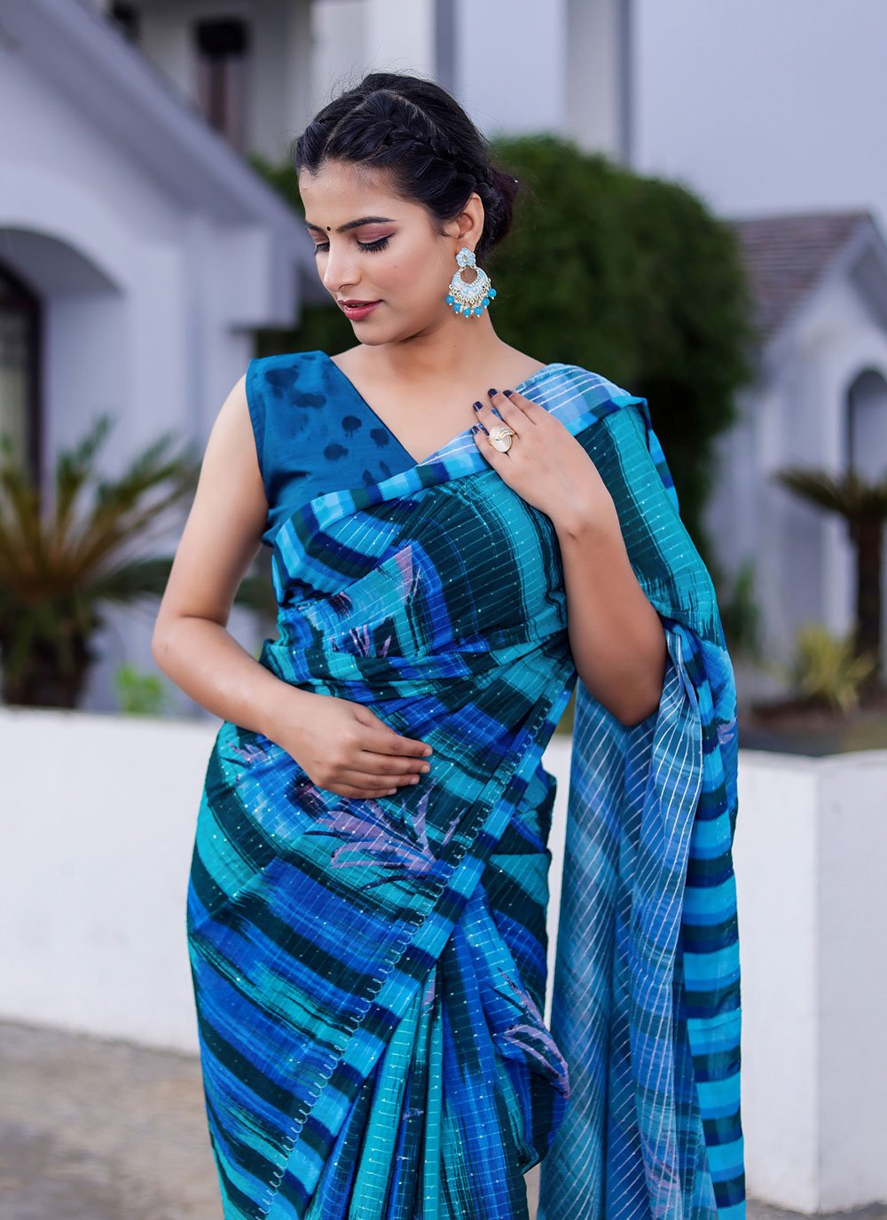 Designer Faux Georgette Blue Digital Print Saree