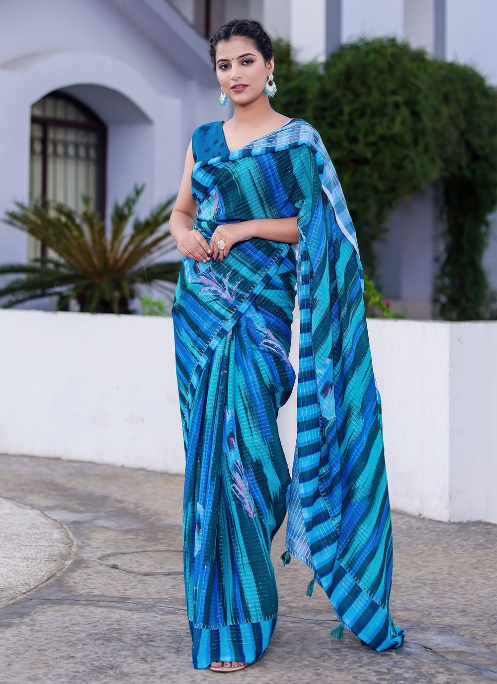 Designer Faux Georgette Blue Digital Print Saree