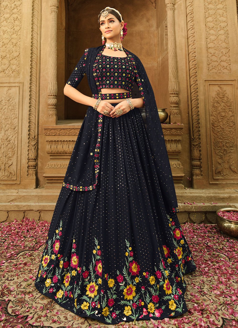 Lehenga Choli Georgette Blue Embroidered Lehenga Choli