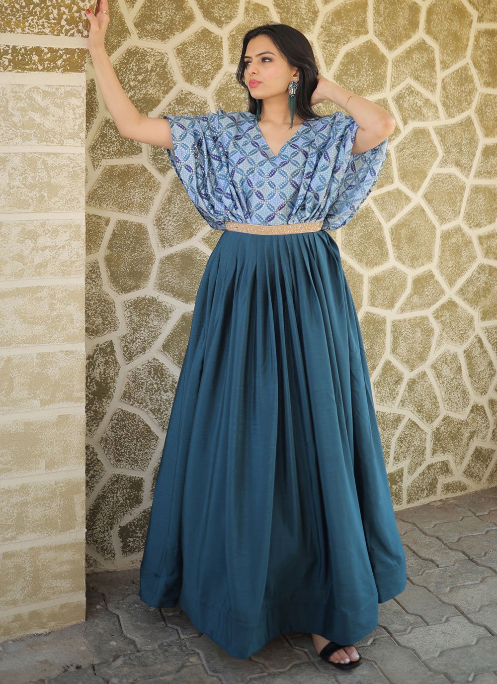 Gown Chinon Blue Print Gown