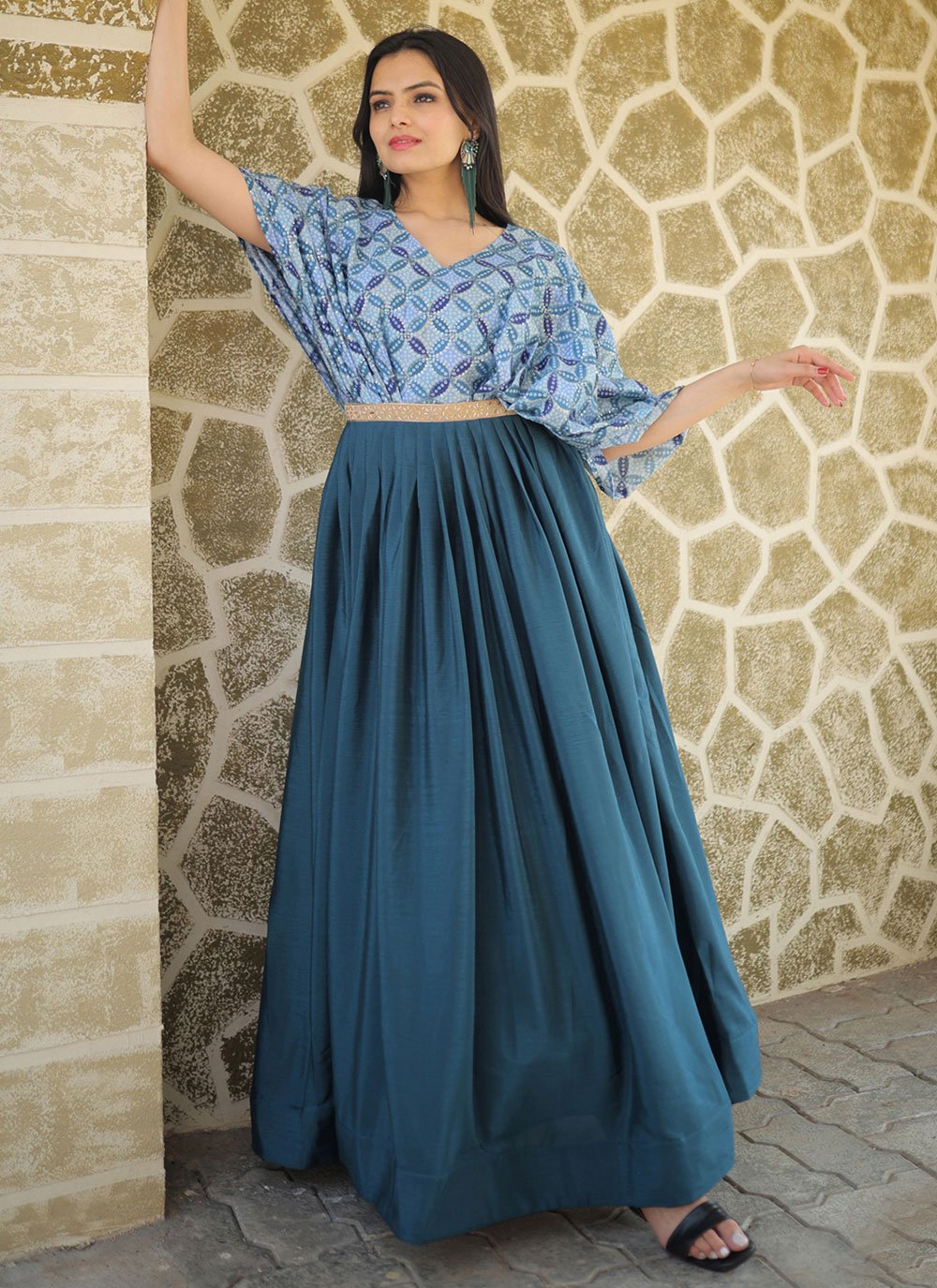 Gown Chinon Blue Print Gown