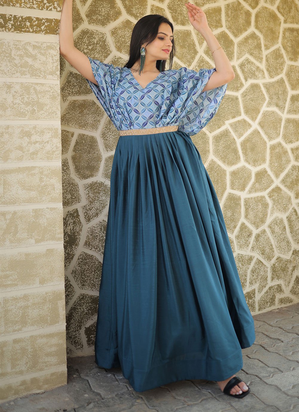 Gown Chinon Blue Print Gown