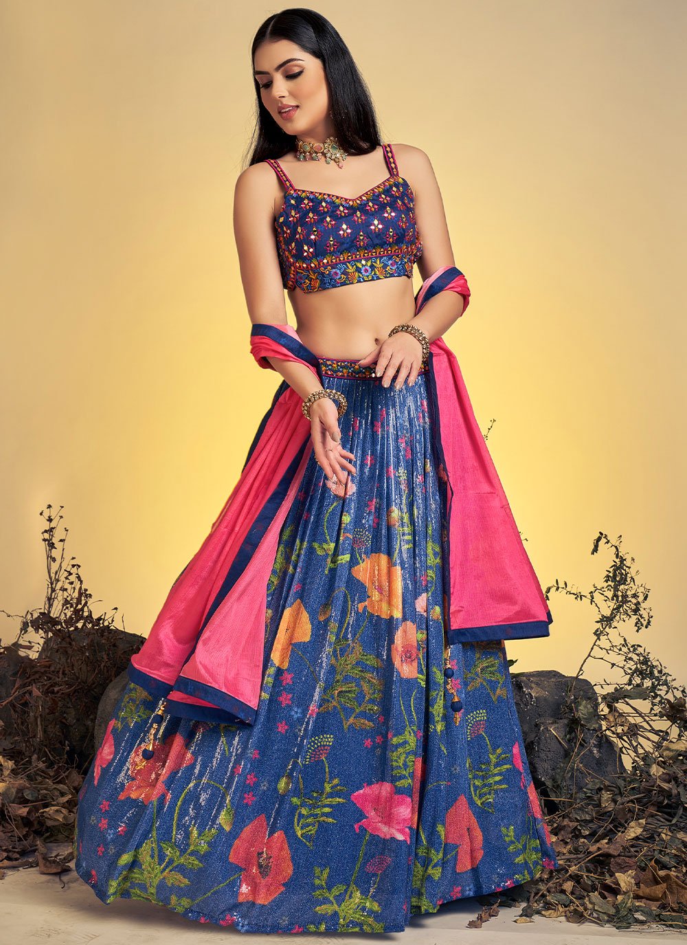 Lehenga Choli Chinon Silk Blue Print Lehenga Choli