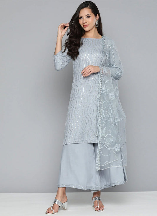 Straight Salwar Suit Rayon Viscose Blue Sequins Salwar Kameez
