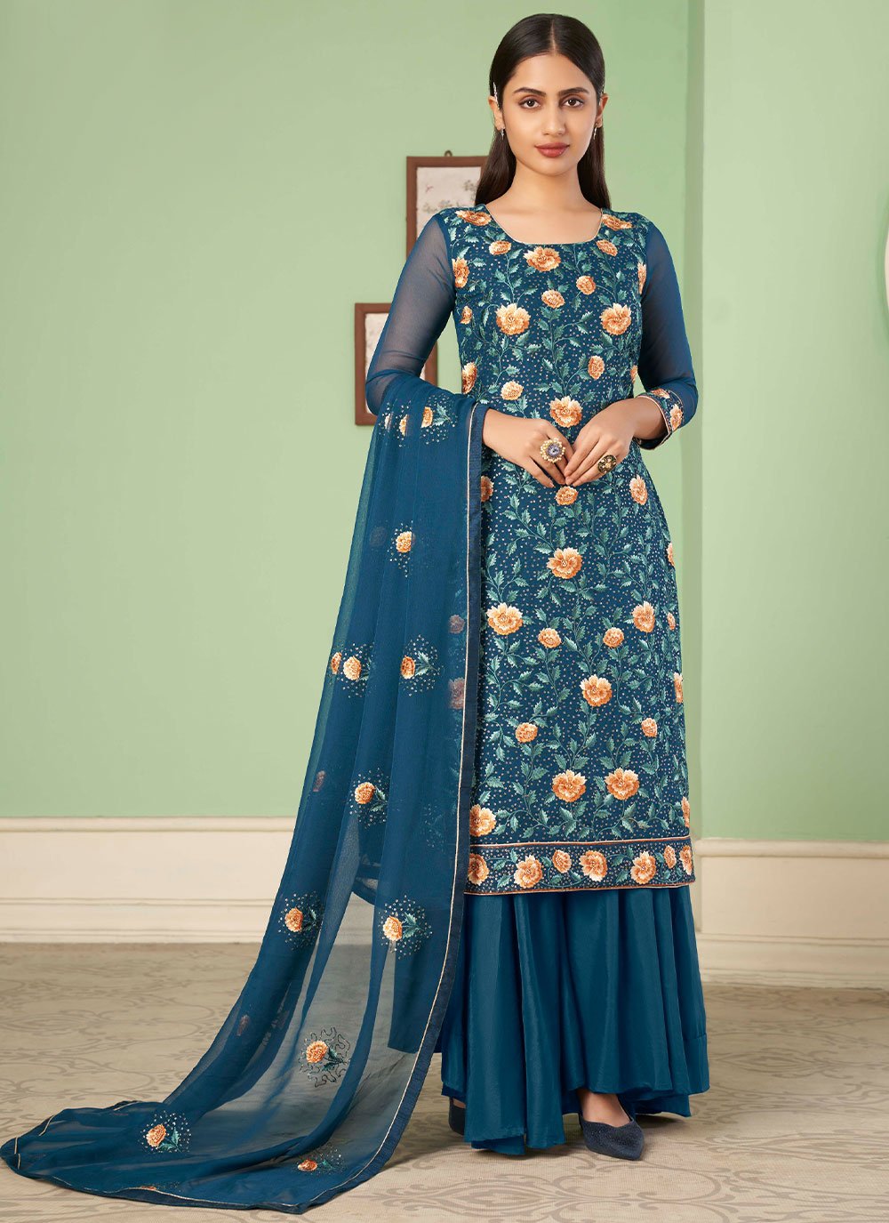 Palazzo Salwar Suit Georgette Blue Embroidered Salwar Kameez