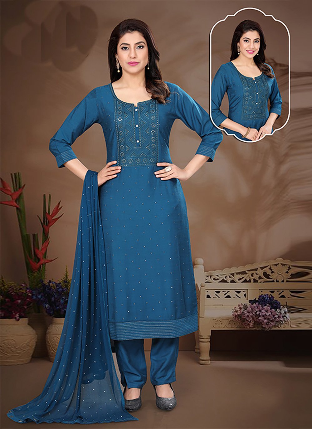 Salwar Suit Silk Blue Crystals Salwar Kameez