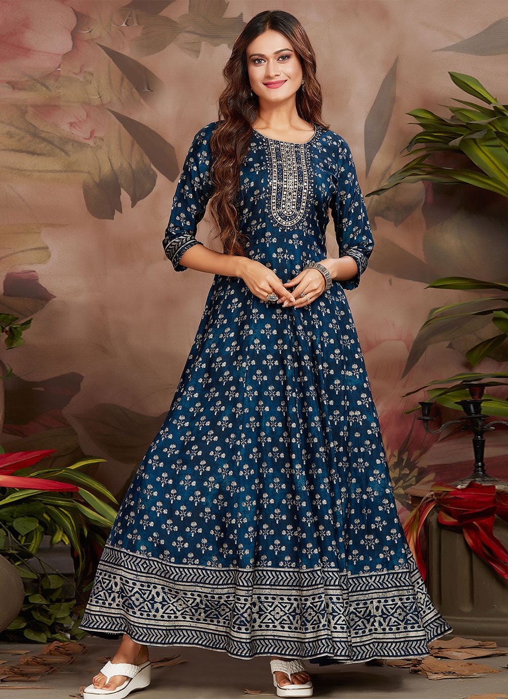 Designer Gown Silk Blue Digital Print Gown