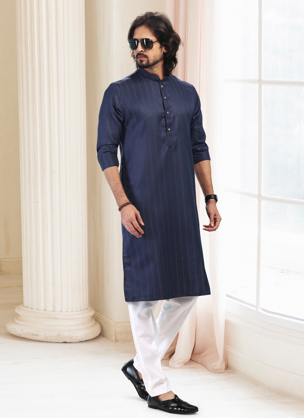 Kurta Pyjama Silk Blue Fancy Work Mens