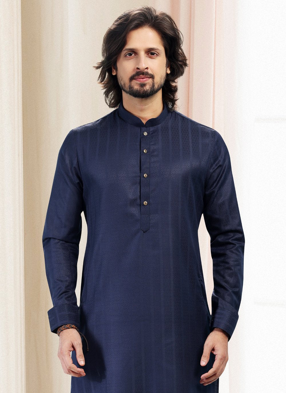 Kurta Pyjama Silk Blue Fancy Work Mens