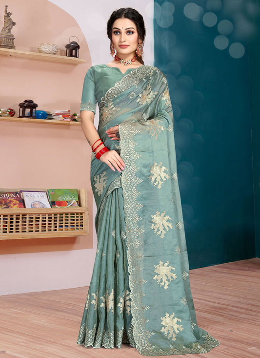 Classic Organza Silk Blue Diamond Saree