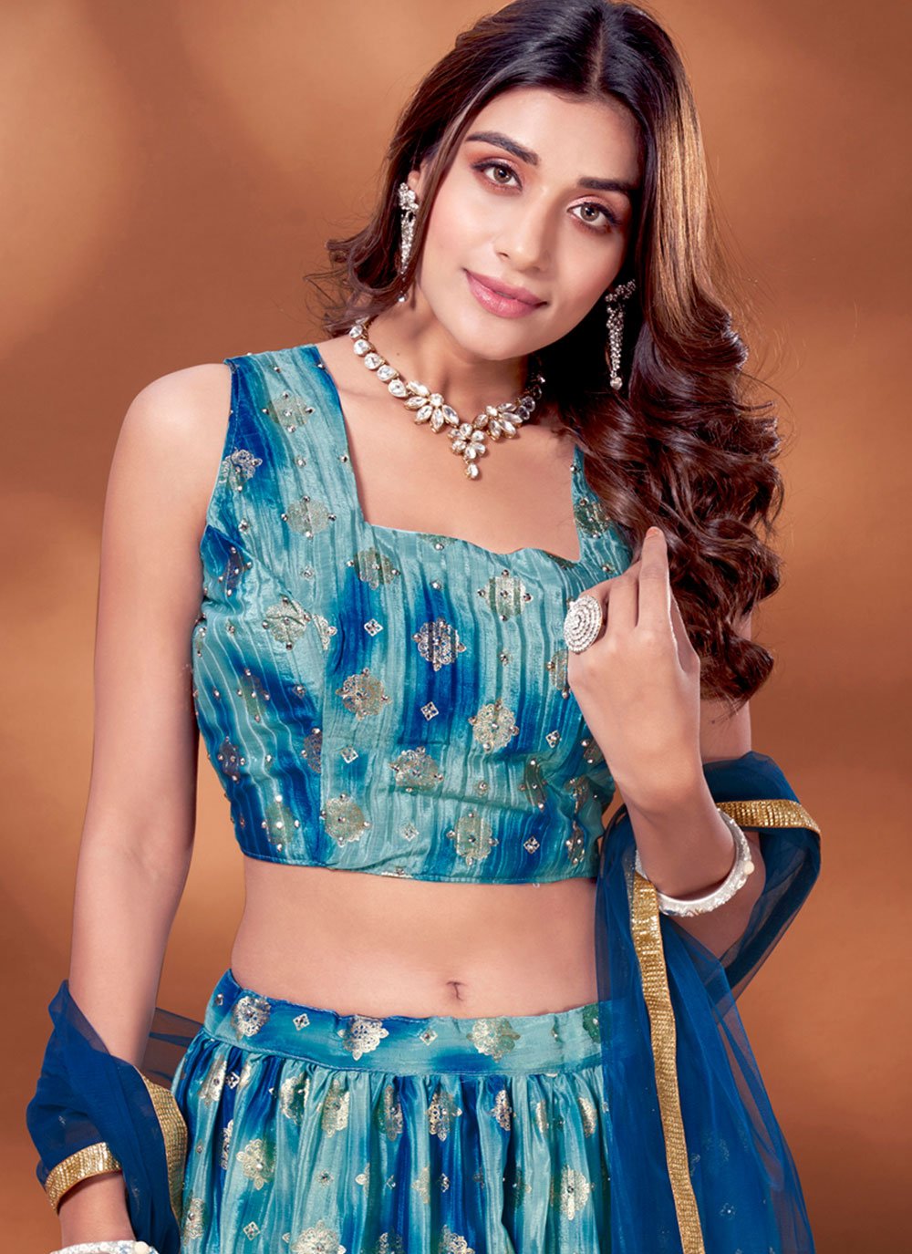 Readymade Lehenga Choli Chinon Crush Foil Blue Stone Lehenga Choli