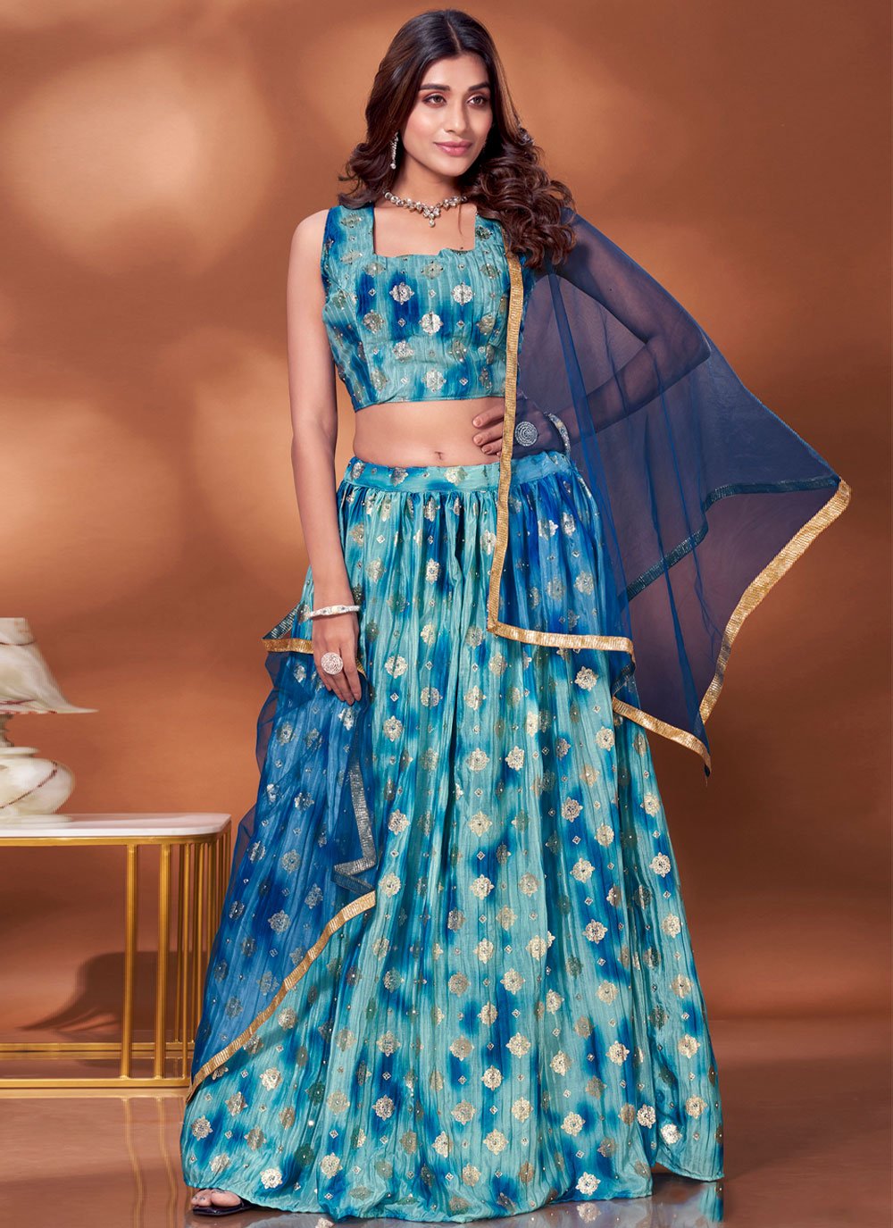 Readymade Lehenga Choli Chinon Crush Foil Blue Stone Lehenga Choli