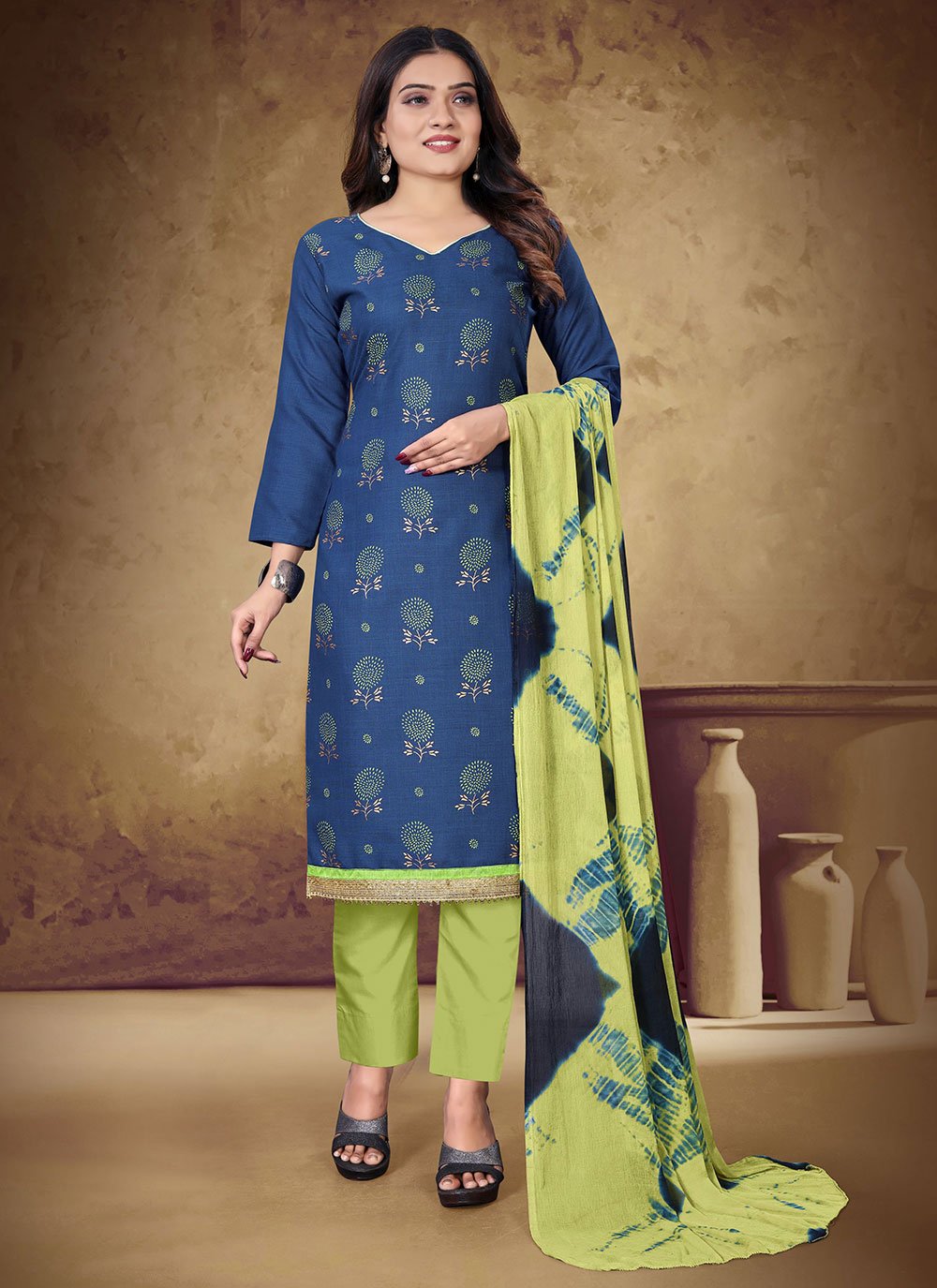 Straight Salwar Suit Cotton Blue Foil Print Salwar Kameez
