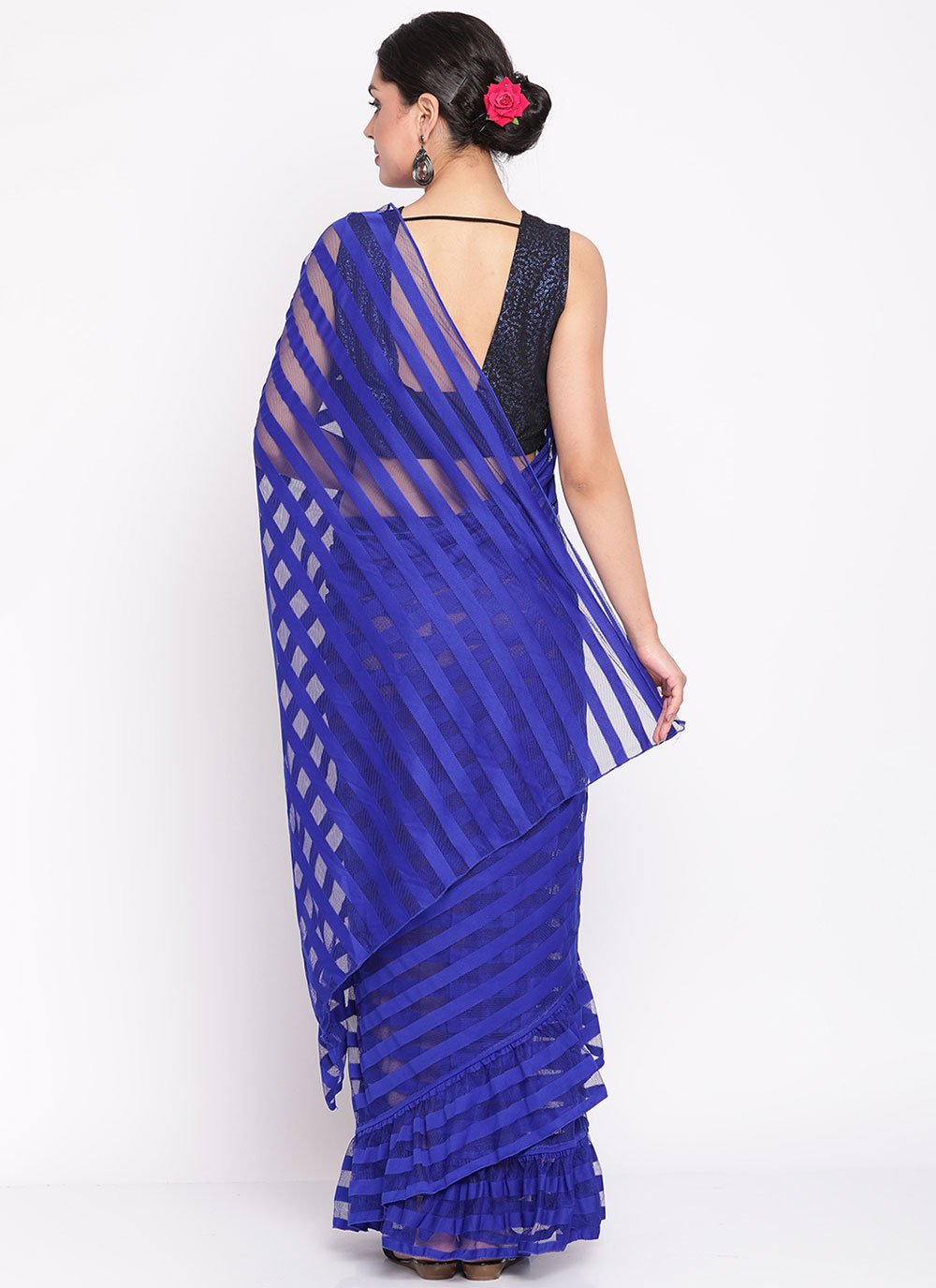 Trendy Saree Net Blue Strips Print Saree