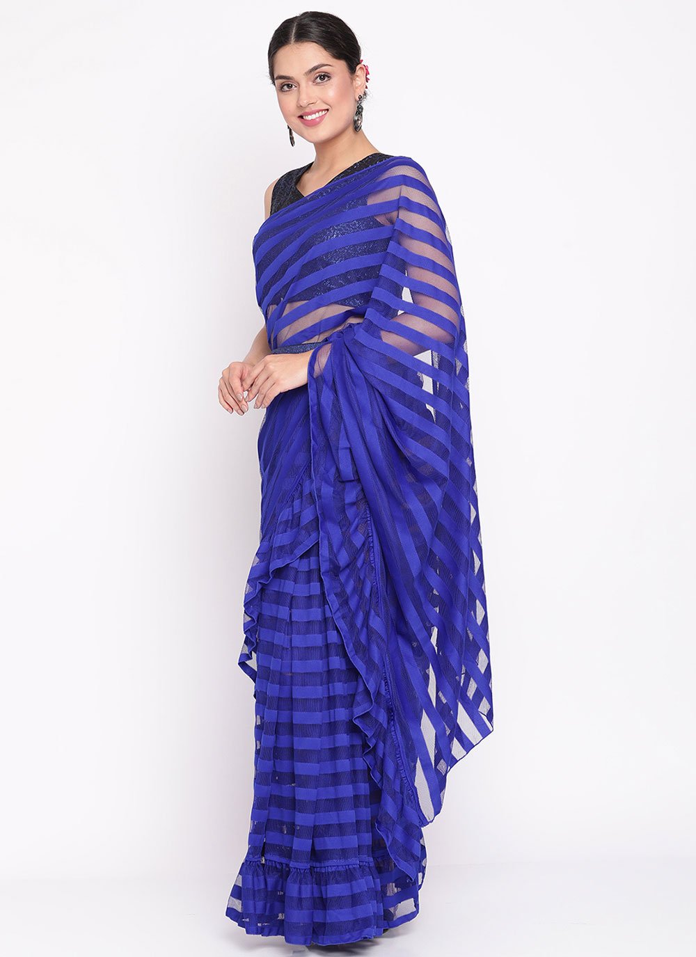 Trendy Saree Net Blue Strips Print Saree