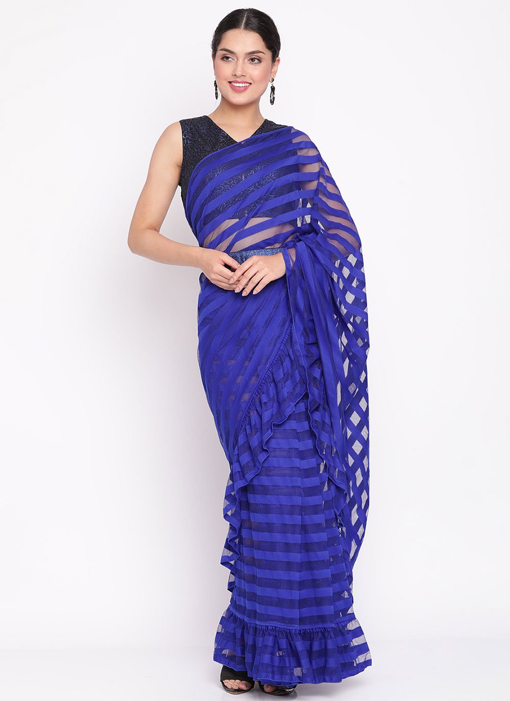 Trendy Saree Net Blue Strips Print Saree