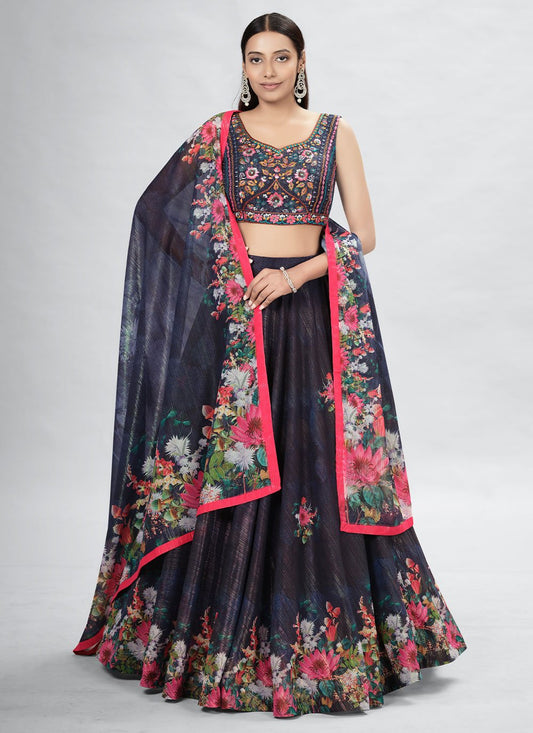 A Line Lehenga Art Silk Blue Digital Print Lehenga Choli