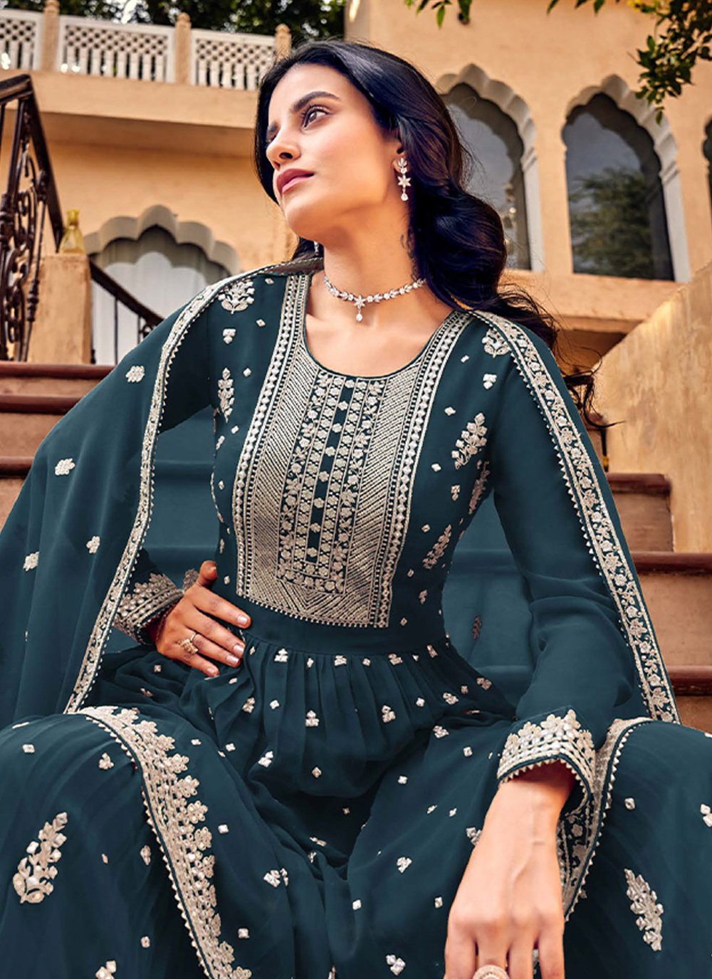 Palazzo Salwar Suit Georgette Blue Embroidered Salwar Kameez