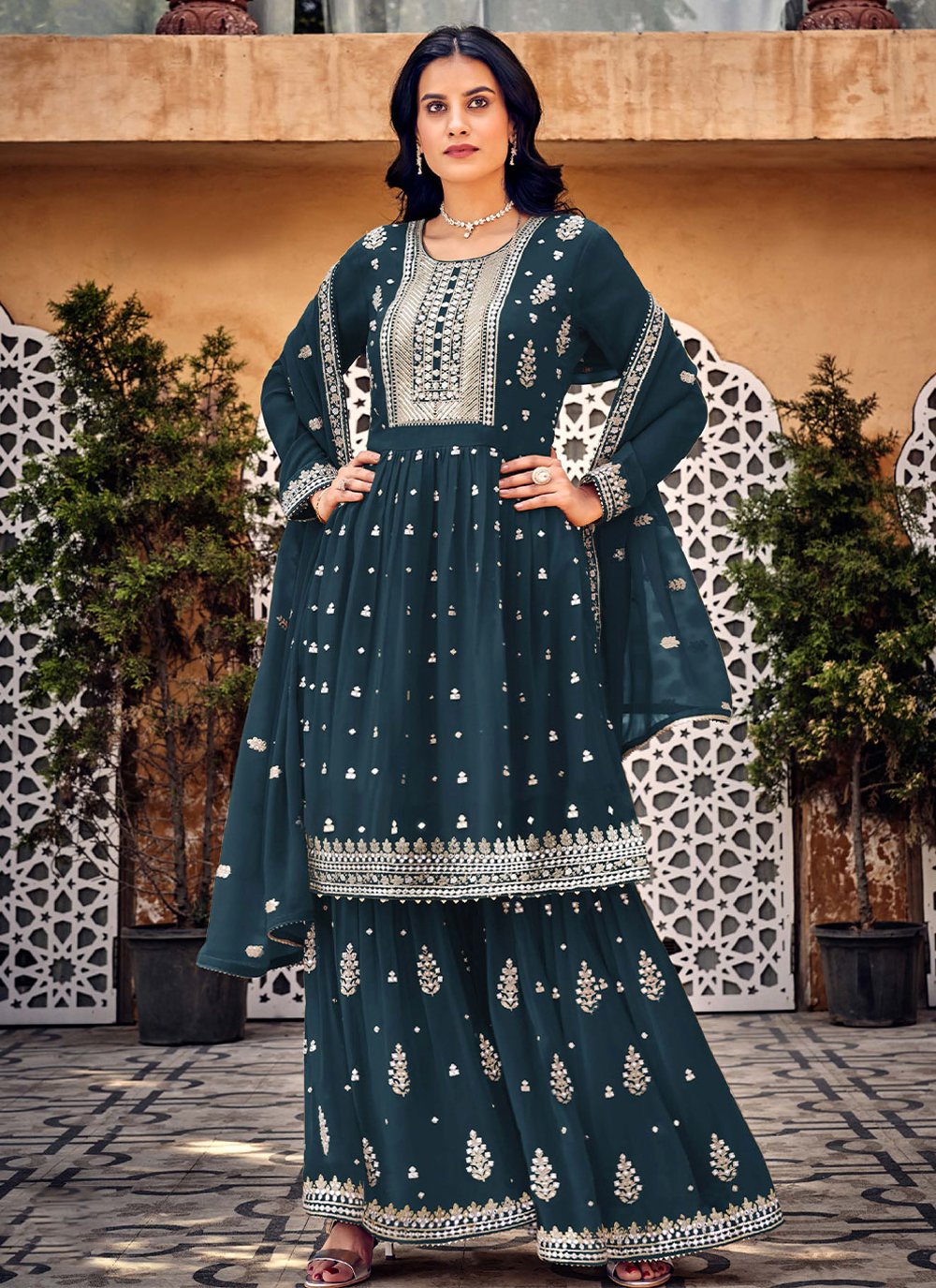 Palazzo Salwar Suit Georgette Blue Embroidered Salwar Kameez