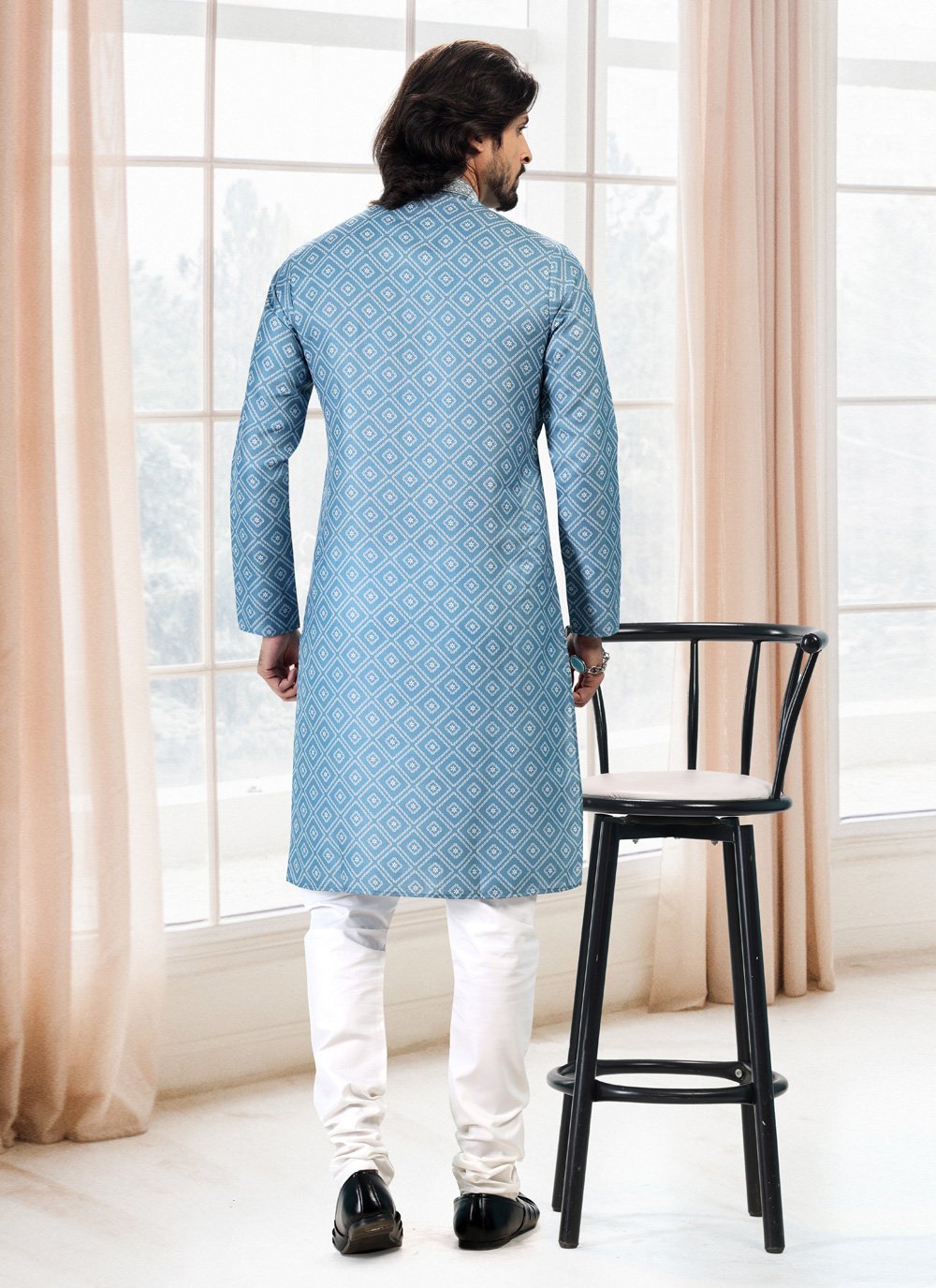 Kurta Pyjama Cotton Blue Fancy Work Mens