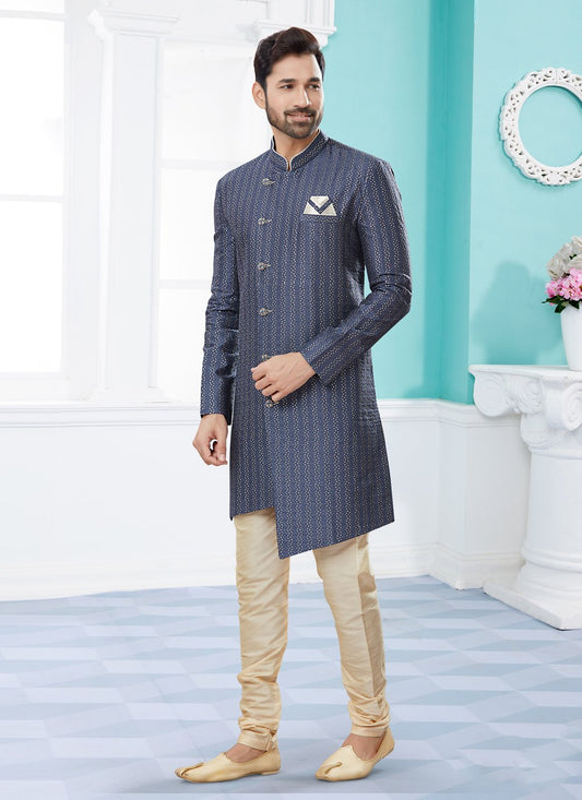 Indo Western Sherwani Jacquard Blue Thread Mens