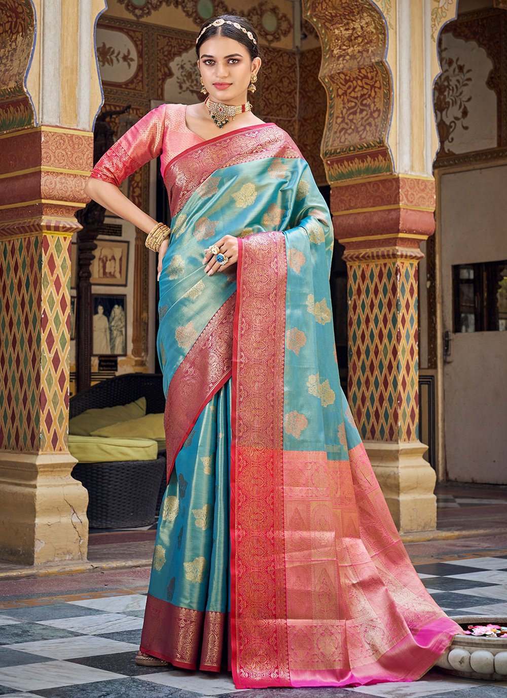 Contemporary Banarasi Silk Handloom Silk Tissue Blue Weaving Saree