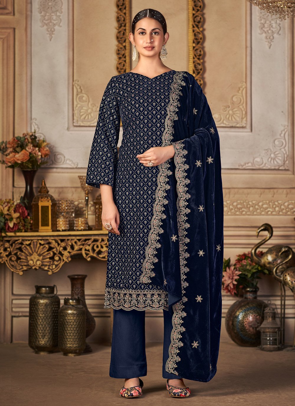 A Line Lehenga Velvet Blue Embroidered Salwar Kameez