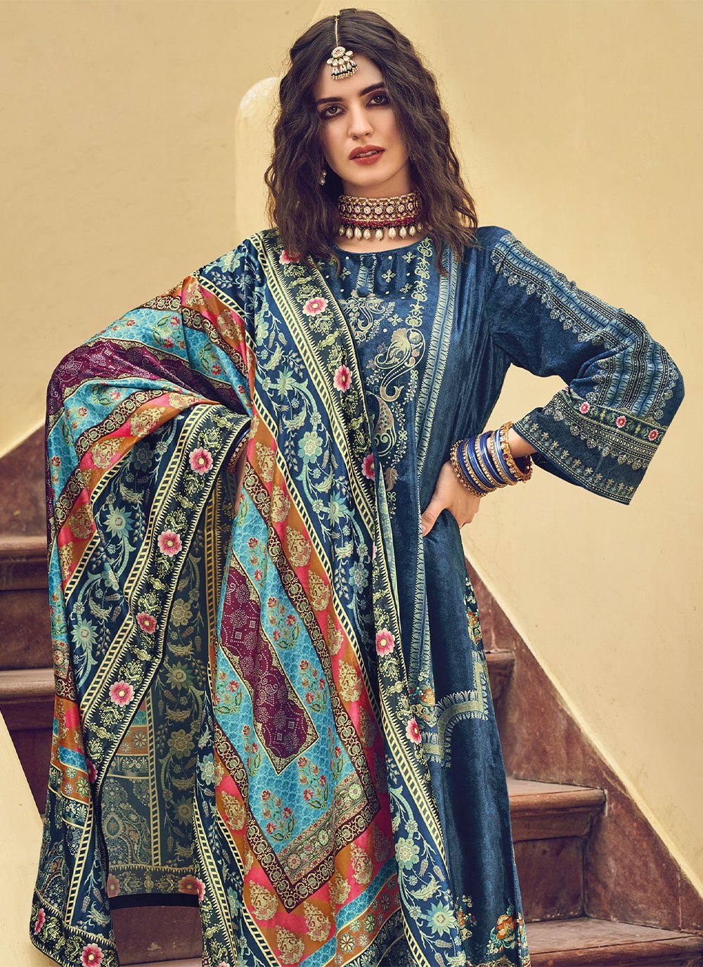 Salwar Suit Velvet Blue Digital Print Salwar Kameez