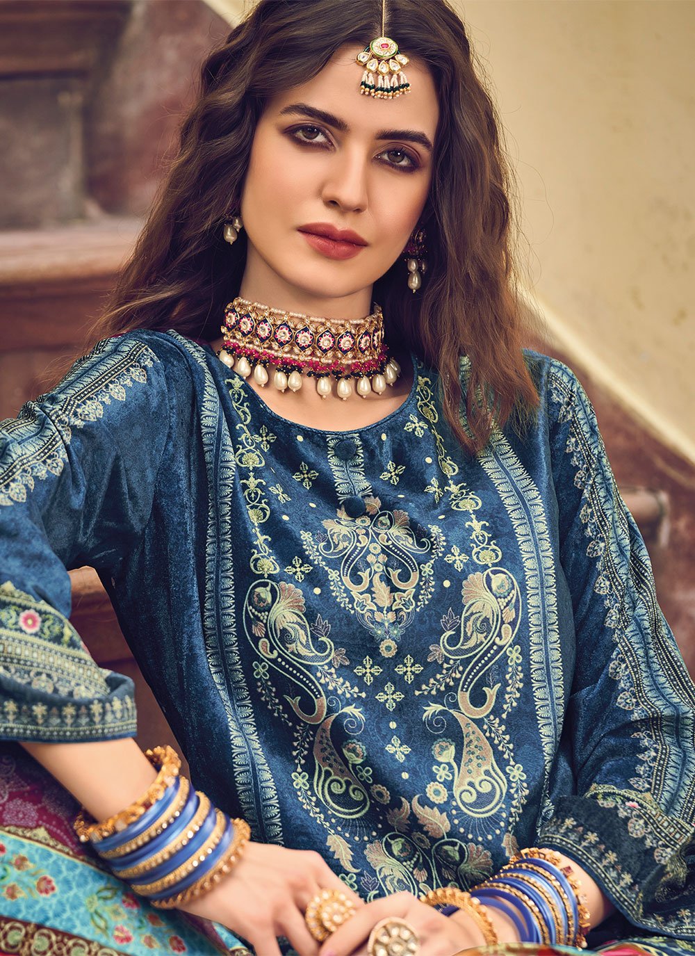 Salwar Suit Velvet Blue Digital Print Salwar Kameez